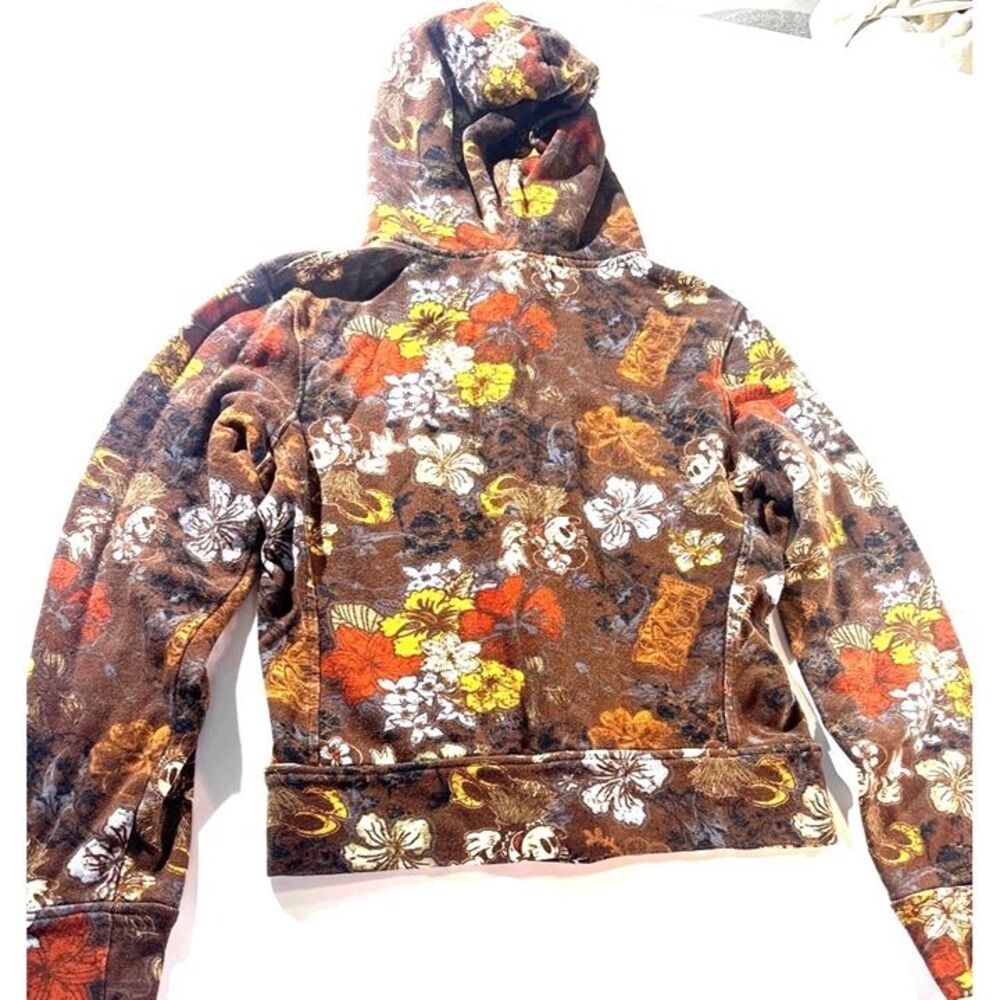 Walt Disney World Surf Co. Womens XS Brown Floral Hoodie With Mickey Mouse & Haw